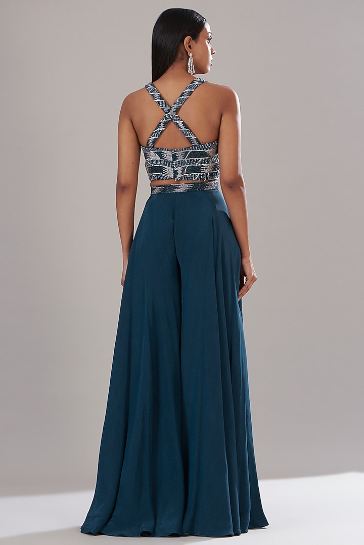 Teal Crepe Embellished Pant Wedding Saree Set by Disha Patil at Pernia's Pop Up Shop