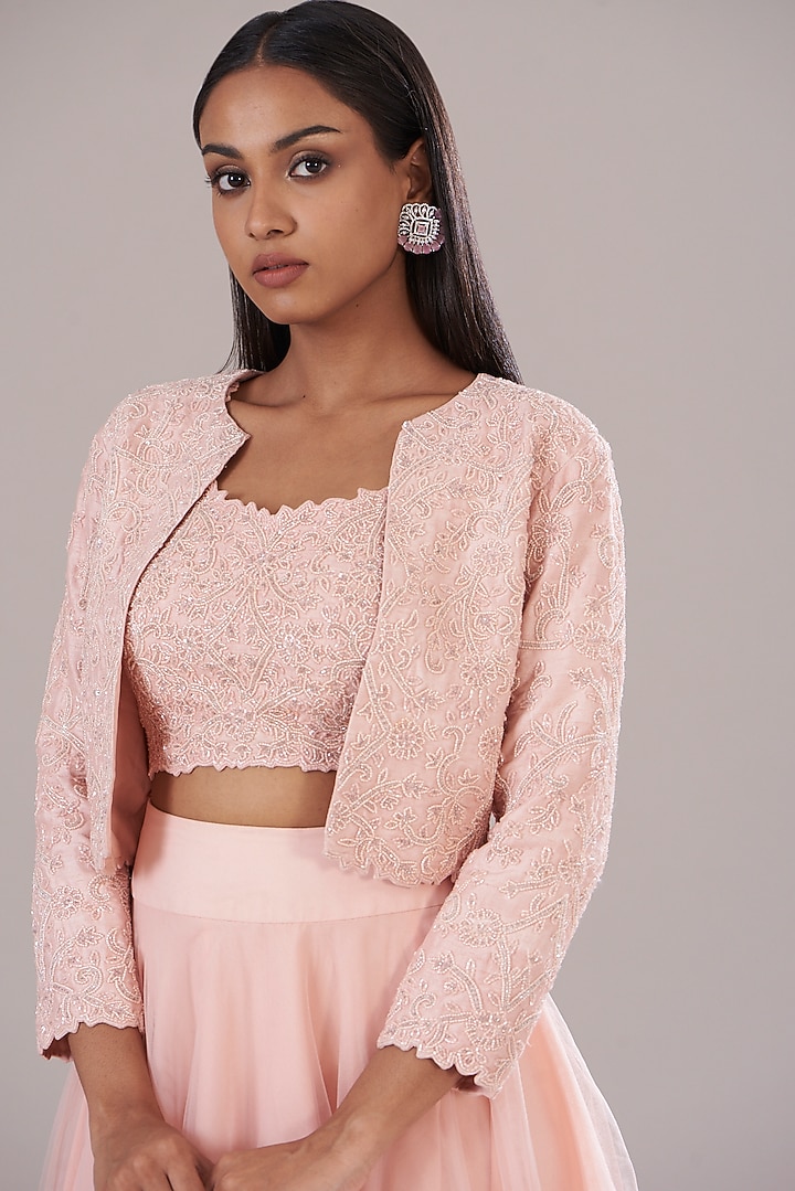 Pink Raw Silk Hand Embroidered Jacket Set by Disha Patil at Pernia's Pop Up Shop