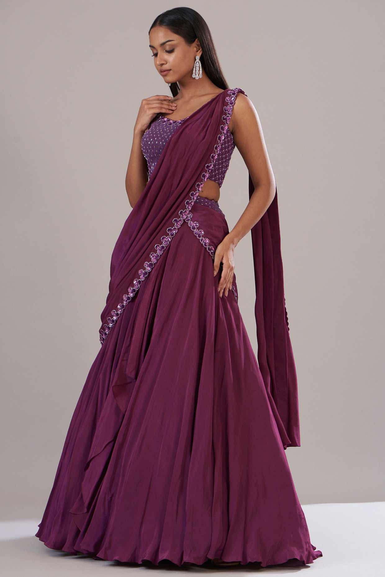 Pretty Stone Chiffon Burgundy Traditional Saree