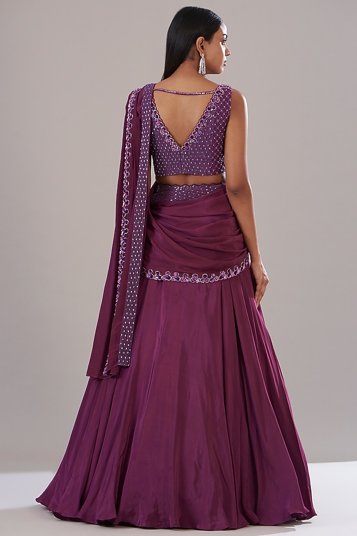 Burgundy Crepe Hand Embroidered Draped Skirt Wedding Saree Set by Disha Patil at Pernia's Pop Up Shop