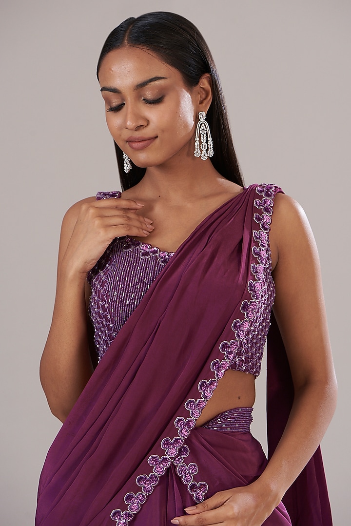 Burgundy Crepe Hand Embroidered Draped Skirt Wedding Saree Set by Disha Patil at Pernia's Pop Up Shop