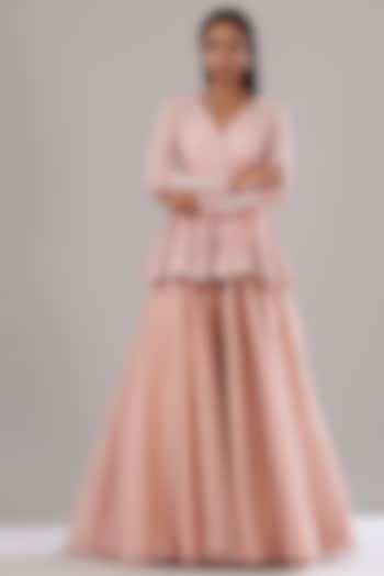Powder Pink Organza Flared Skirt Set by Disha Patil