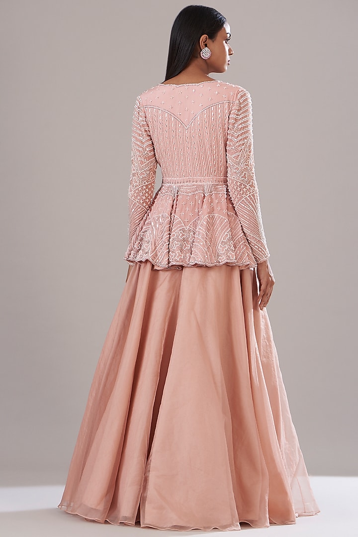 Powder Pink Organza Flared Skirt Set by Disha Patil at Pernia's Pop Up Shop