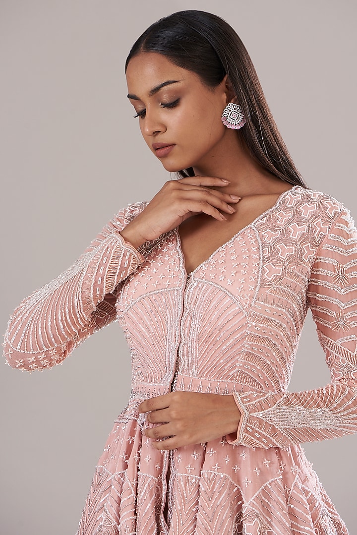 Powder Pink Organza Flared Skirt Set by Disha Patil at Pernia's Pop Up Shop