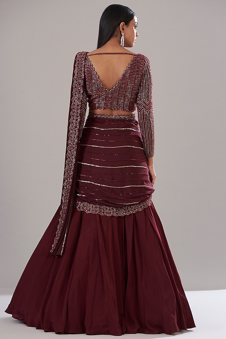 Marcella Red Crepe Draped Skirt Wedding Saree Set by Disha Patil at Pernia's Pop Up Shop