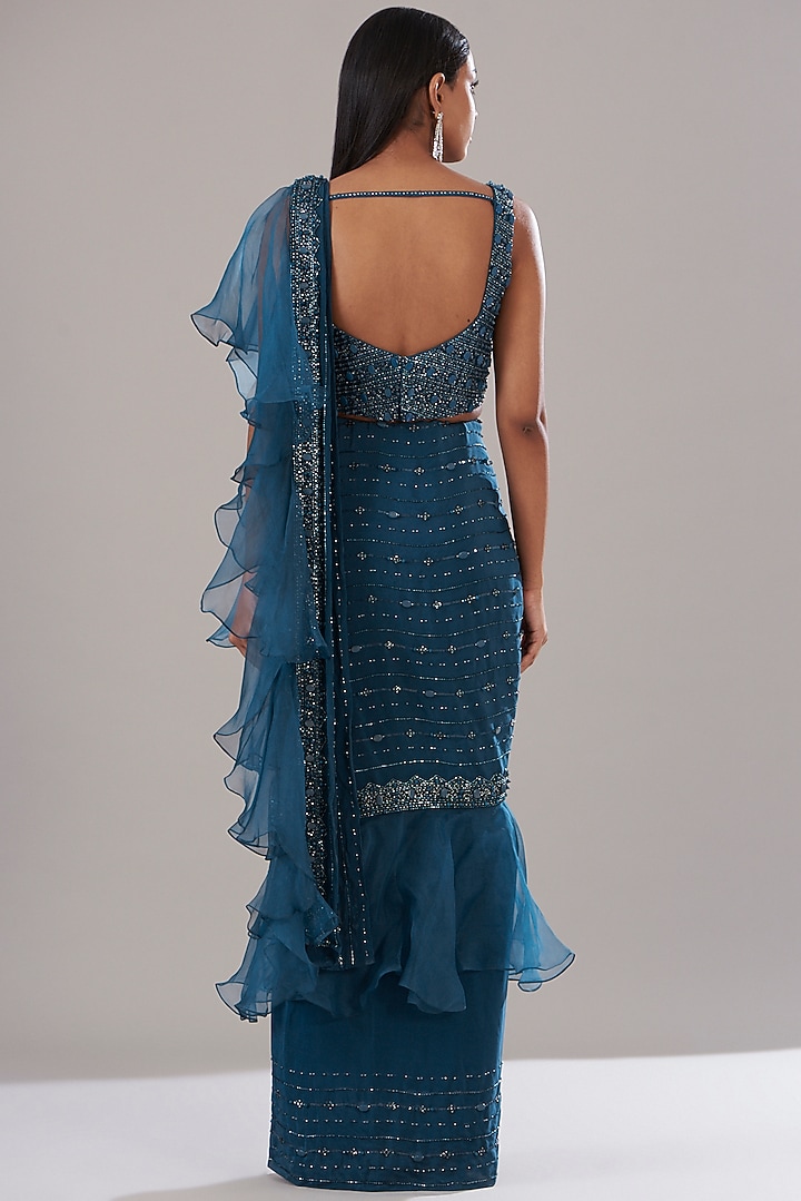 Teal Crepe Embellished Draped Wedding Saree Set by Disha Patil at Pernia's Pop Up Shop