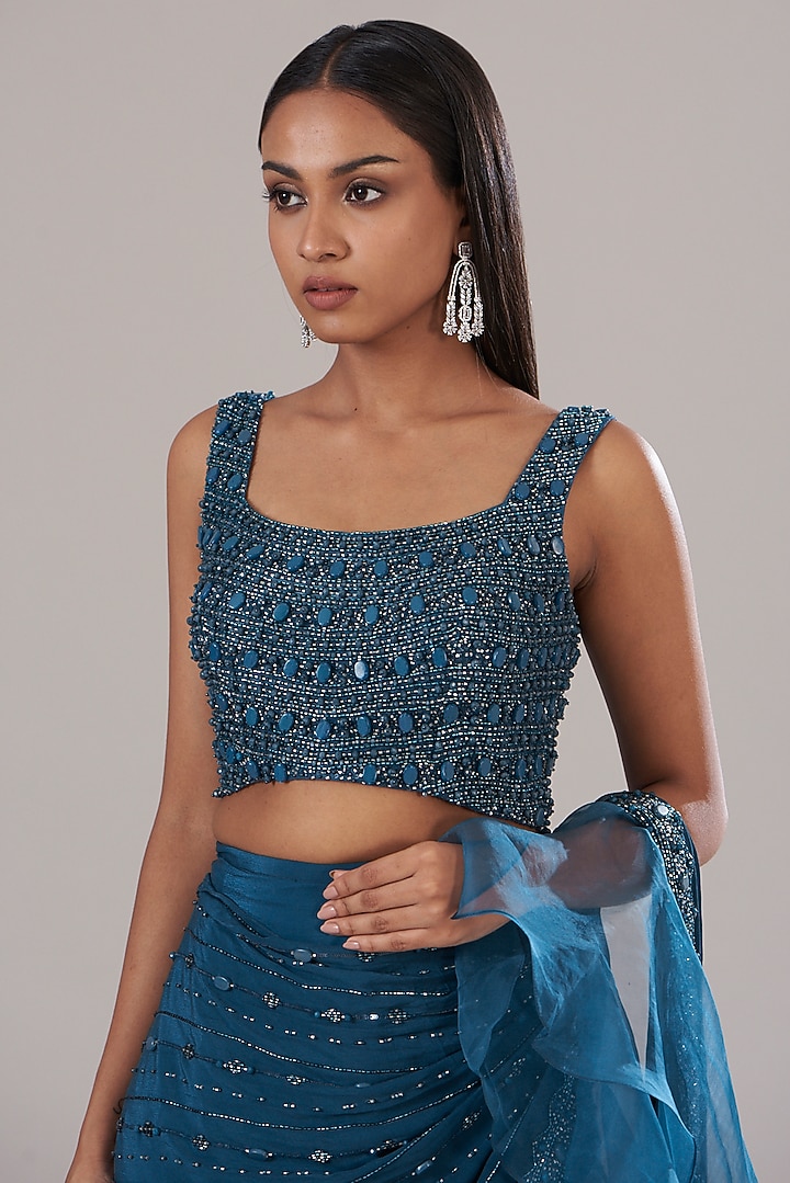 Teal Crepe Embellished Draped Wedding Saree Set by Disha Patil at Pernia's Pop Up Shop