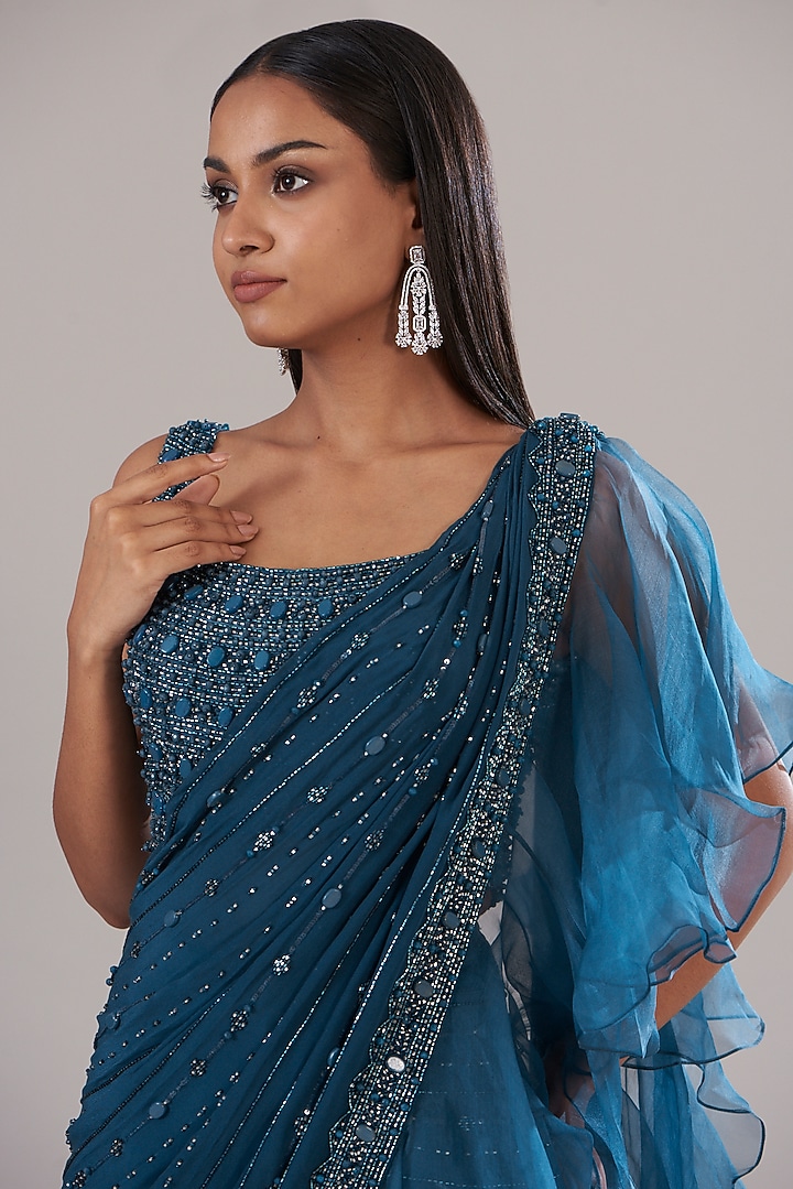 Teal Crepe Embellished Draped Wedding Saree Set by Disha Patil at Pernia's Pop Up Shop