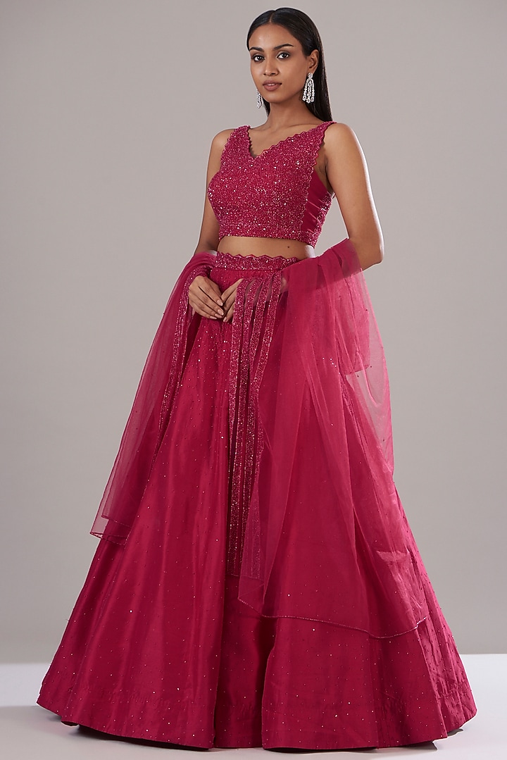 Cherry Red Dupion Silk Embellished Lehenga Set by Disha Patil