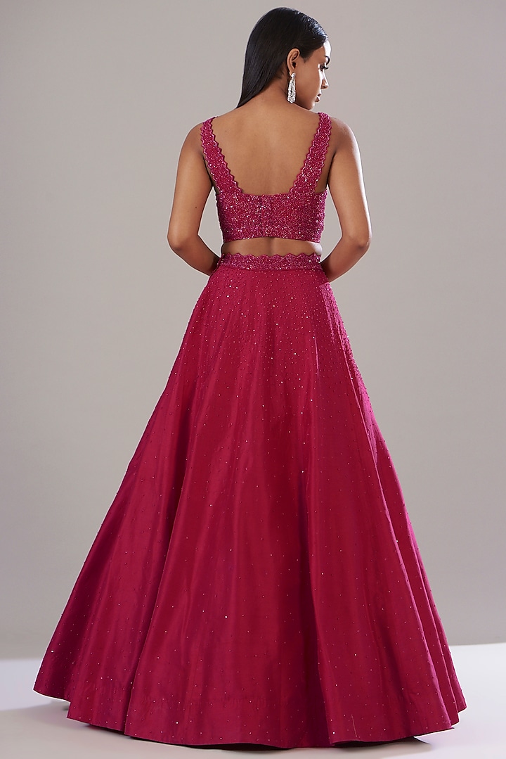 Cherry Red Dupion Silk Embellished Wedding Lehenga Set by Disha Patil at Pernia's Pop Up Shop