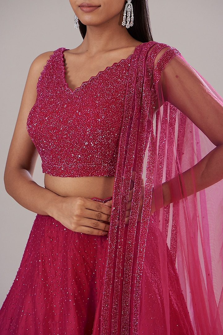 Cherry Red Dupion Silk Embellished Wedding Lehenga Set by Disha Patil at Pernia's Pop Up Shop