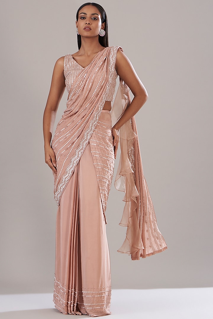 Rose Gold Crepe Embellished Draped Skirt Saree Set by Disha Patil
