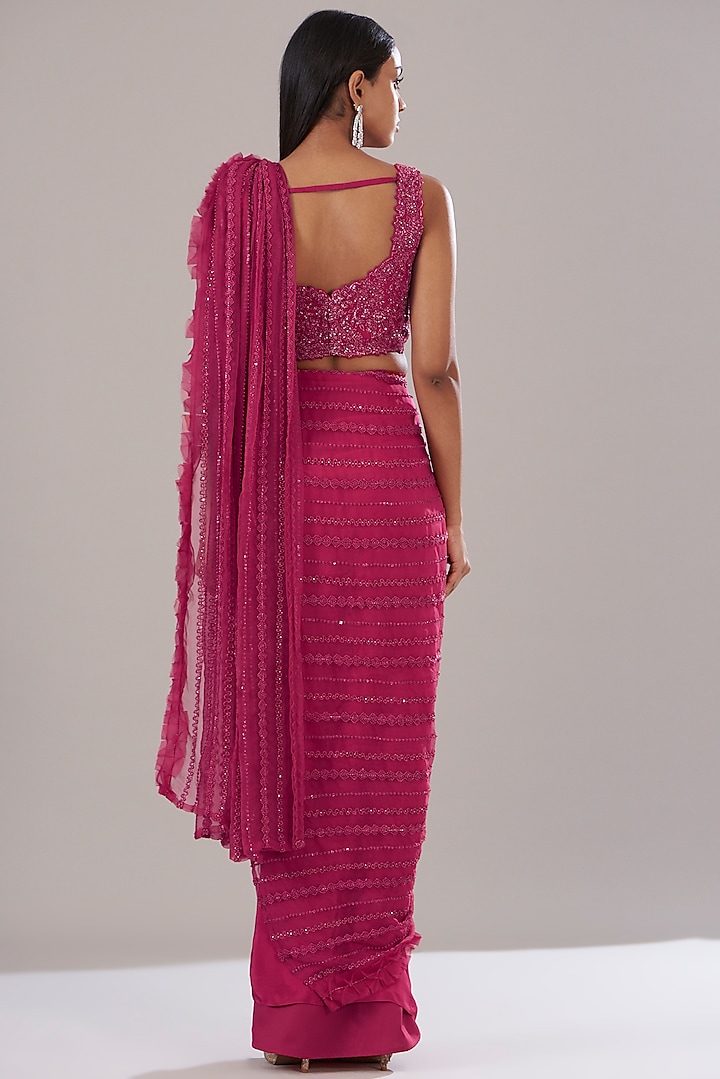 Cherry Red Crepe Embellished Draped Skirt Wedding Saree Set by Disha Patil at Pernia's Pop Up Shop