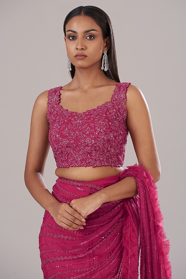 Cherry Red Crepe Embellished Draped Skirt Wedding Saree Set by Disha Patil at Pernia's Pop Up Shop