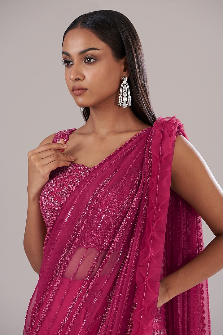 Cherry Red Crepe Embellished Draped Skirt Wedding Saree Set by Disha Patil at Pernia's Pop Up Shop