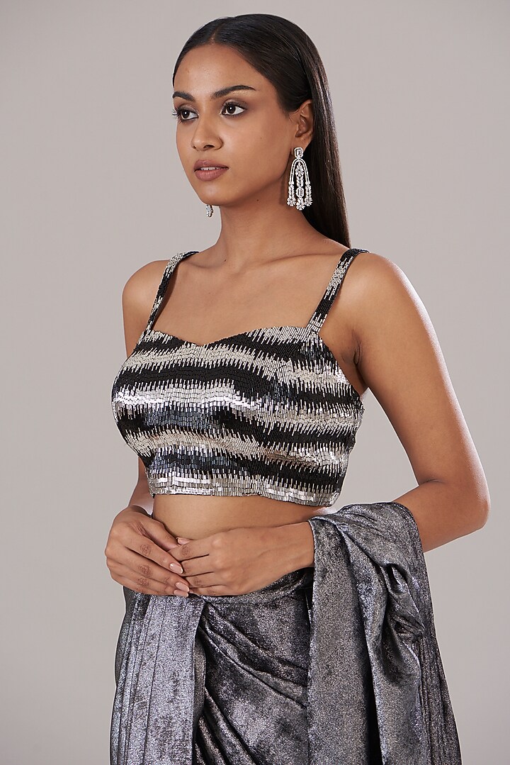 Black Shimmer Draped Wedding Saree Set by Disha Patil at Pernia's Pop Up Shop