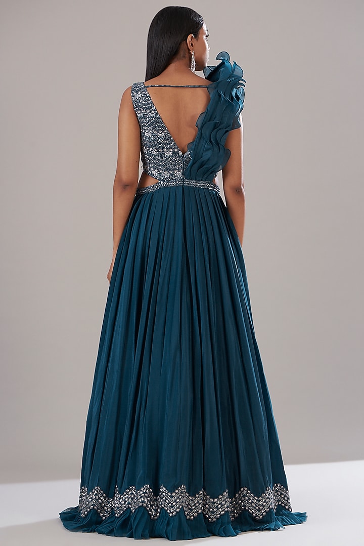 Teal Crepe & Satin Organza Embellished Wedding Gown by Disha Patil at Pernia's Pop Up Shop