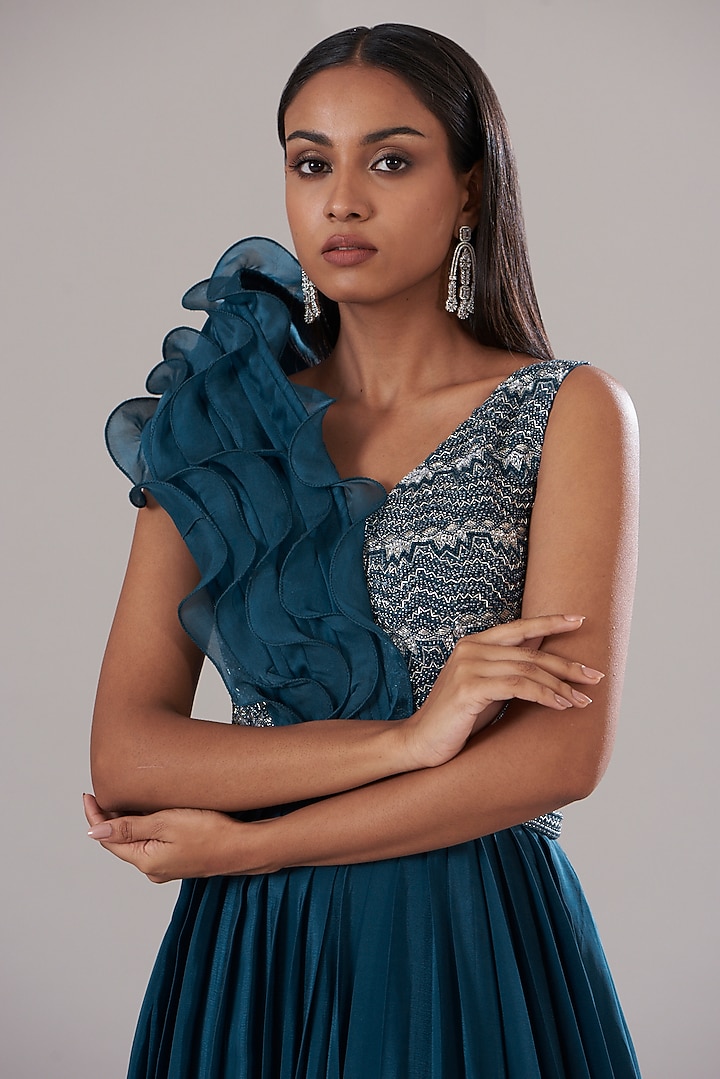 Teal Crepe & Satin Organza Embellished Wedding Gown by Disha Patil at Pernia's Pop Up Shop
