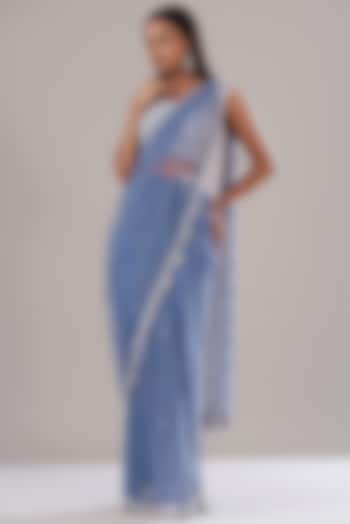 Blue Net Embellished Draped Saree Set by Disha Patil at Pernia's Pop Up Shop