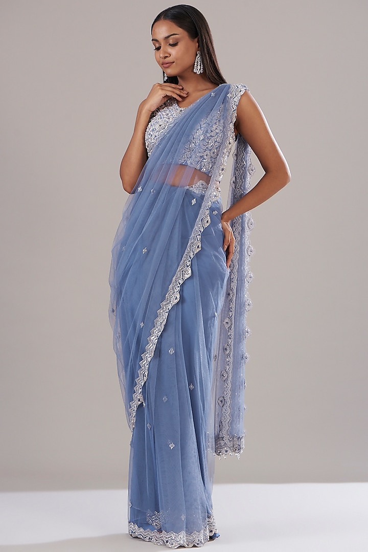 Blue Net Embellished Draped Saree Set by Disha Patil