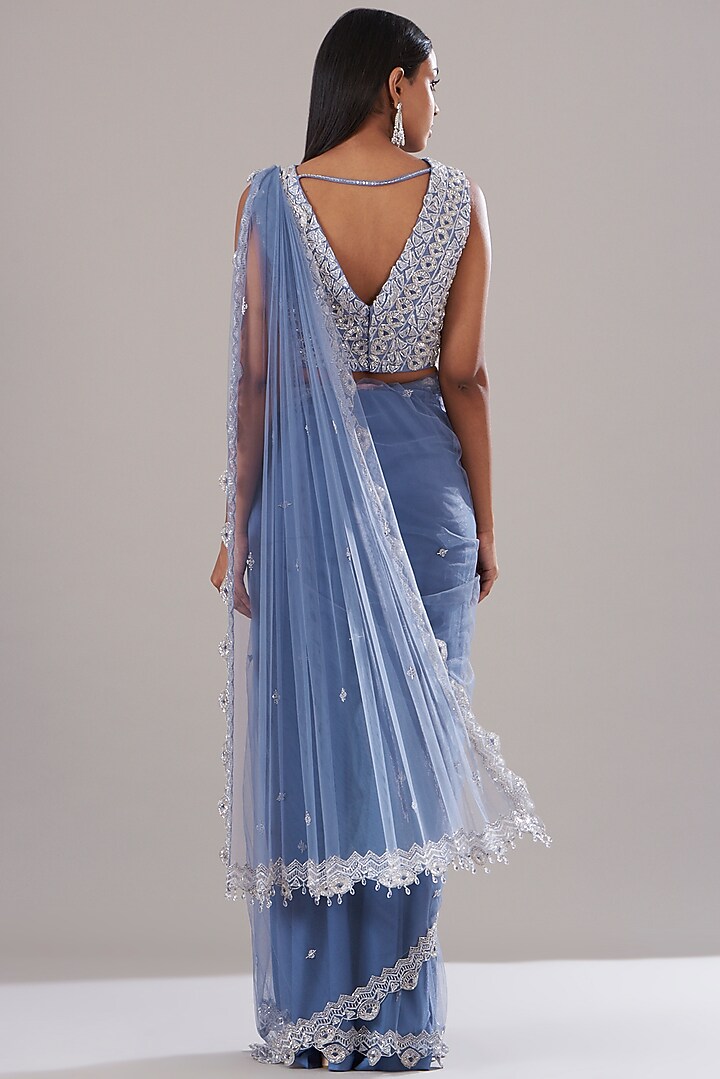 Blue Net Embellished Draped Wedding Saree Set by Disha Patil at Pernia's Pop Up Shop