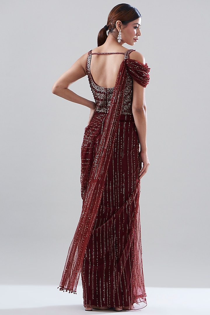 Red Net & Raw Silk Embroidered Draped Reception Gown Saree by Disha Patil at Pernia's Pop Up Shop