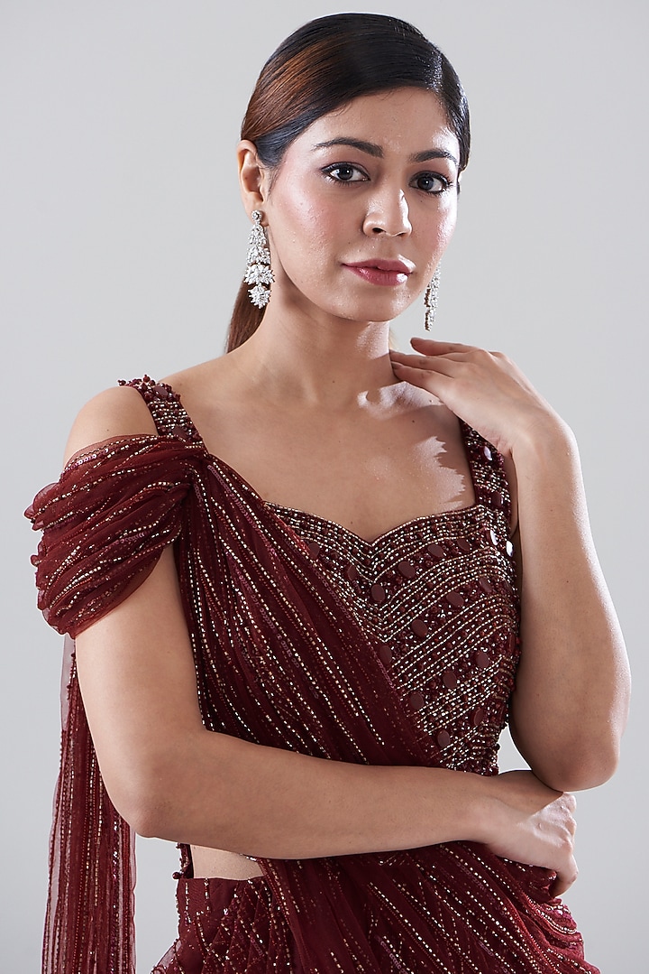 Red Net & Raw Silk Embroidered Draped Reception Gown Saree by Disha Patil at Pernia's Pop Up Shop