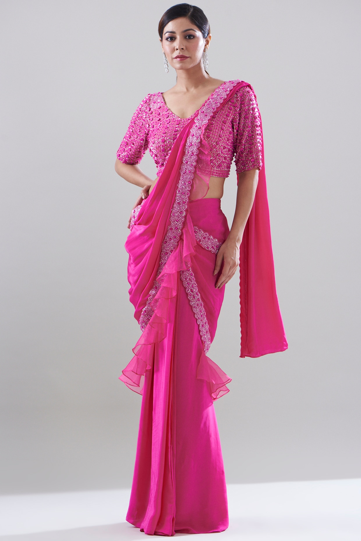 Saree | Bright Pink Saree | Blouse design | Floral saree and blouse |  Outfit ideas | Blouse neck design | Belleindiana- Instagram