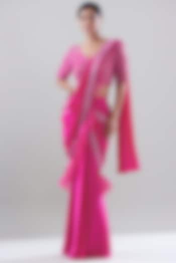 Hot Pink Crepe Embroidered Draped Saree Set by Disha Patil