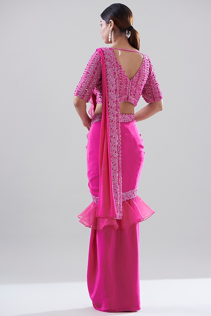 Hot Pink Crepe Embroidered Draped Wedding Saree Set by Disha Patil at Pernia's Pop Up Shop