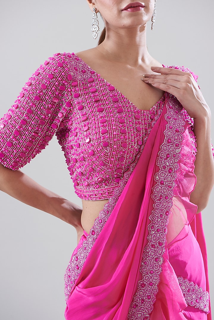 Hot Pink Crepe Embroidered Draped Wedding Saree Set by Disha Patil at Pernia's Pop Up Shop