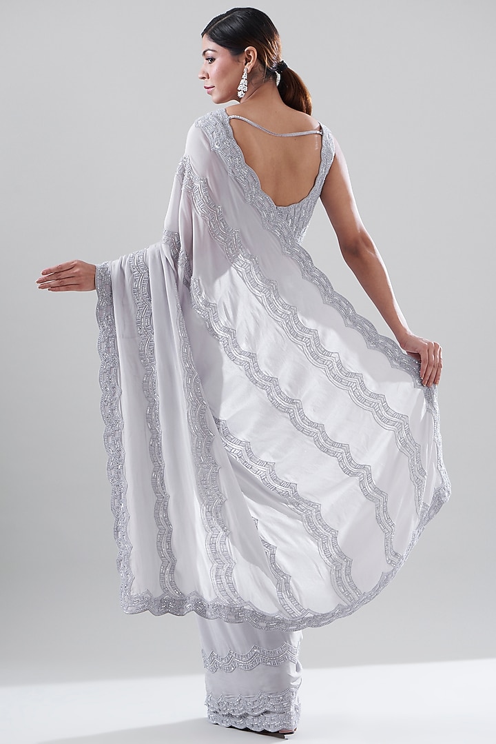 Grey Crepe Embellished Pre-Draped Reception Saree Set by Disha Patil at Pernia's Pop Up Shop