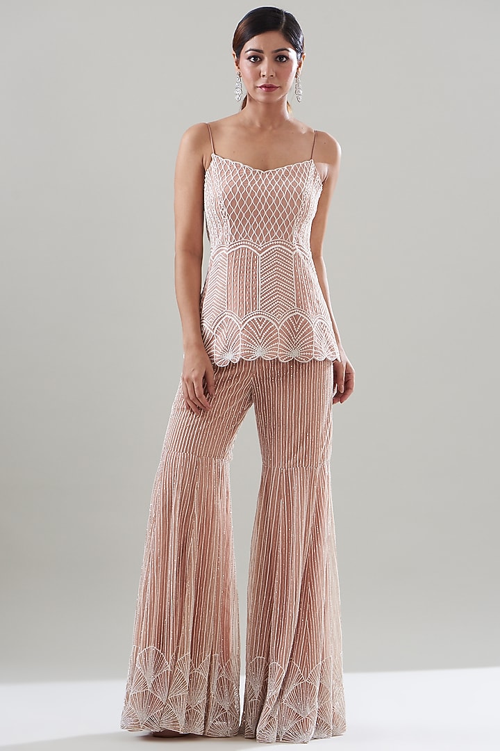 Rose Gold Net Embellished Bridal Sharara Set by Disha Patil at Pernia's Pop Up Shop