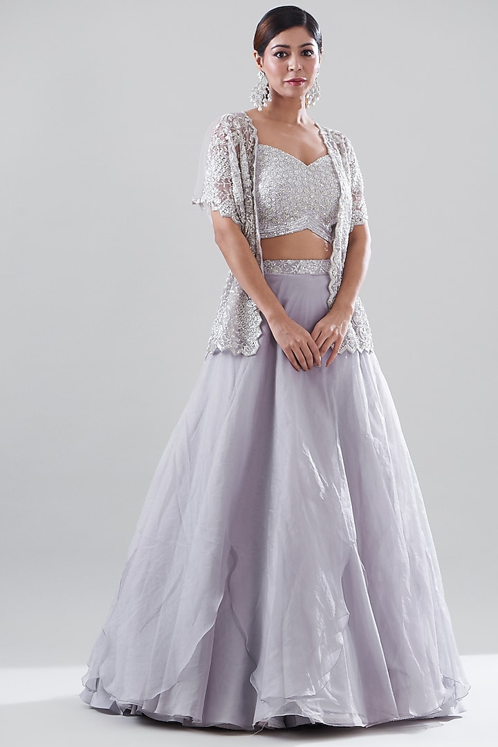 Lilac Organza Asymmetrical Skirt Set by Disha Patil
