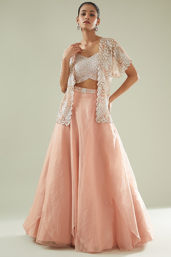 Pink Organza Asymmetric Skirt Set by Disha Patil