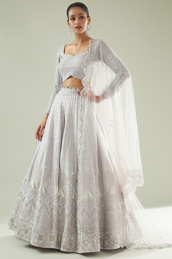 Grey Raw Silk Embellished Lehenga Set by Disha Patil