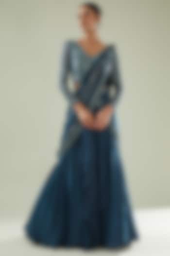 Teal Blue Crepe Skirt Saree Set by Disha Patil