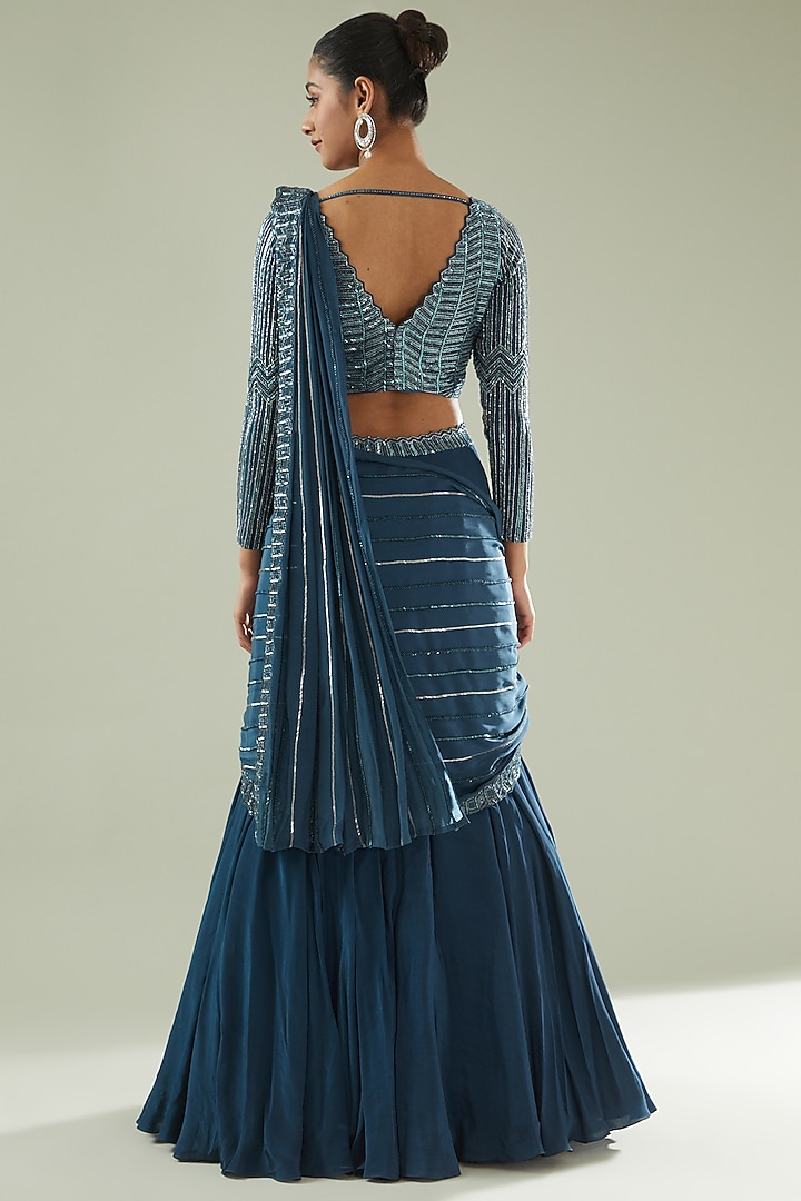 Teal Blue Crepe Draped Skirt Wedding Saree Set by Disha Patil at Pernia's Pop Up Shop