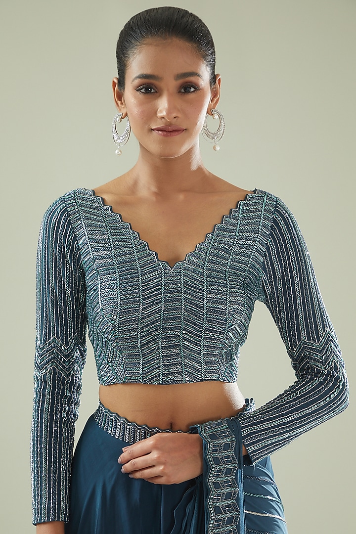 Teal Blue Crepe Draped Skirt Wedding Saree Set by Disha Patil at Pernia's Pop Up Shop