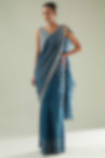 Teal Blue Crepe Hand Embroidered Draped Saree Set by Disha Patil