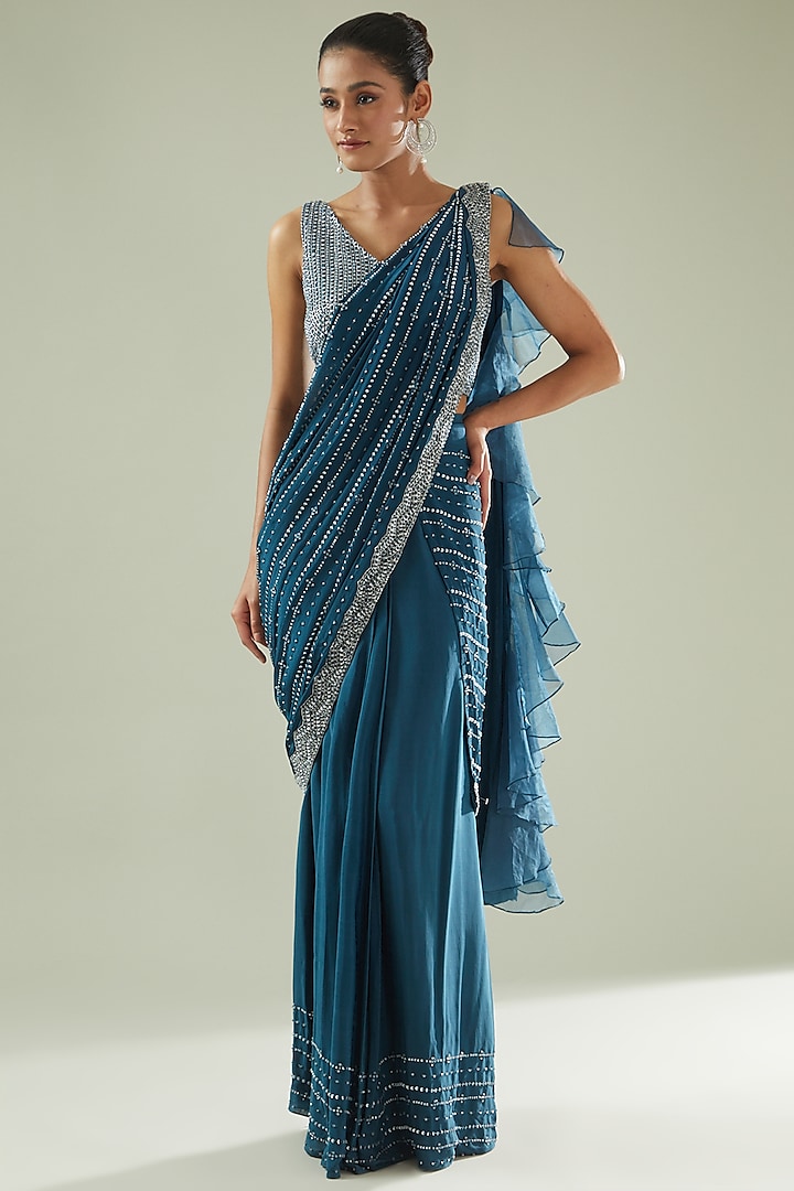 Teal Blue Crepe Hand Embroidered Draped Saree Set by Disha Patil