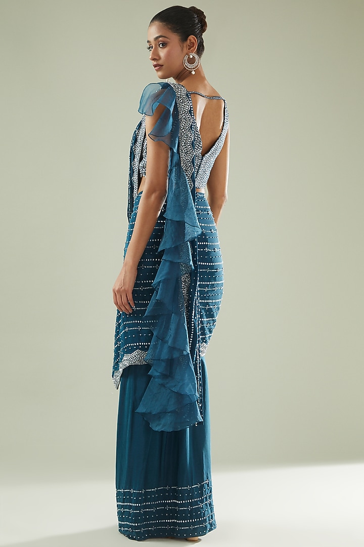 Teal Blue Crepe Hand Embroidered Draped Wedding Saree Set by Disha Patil at Pernia's Pop Up Shop