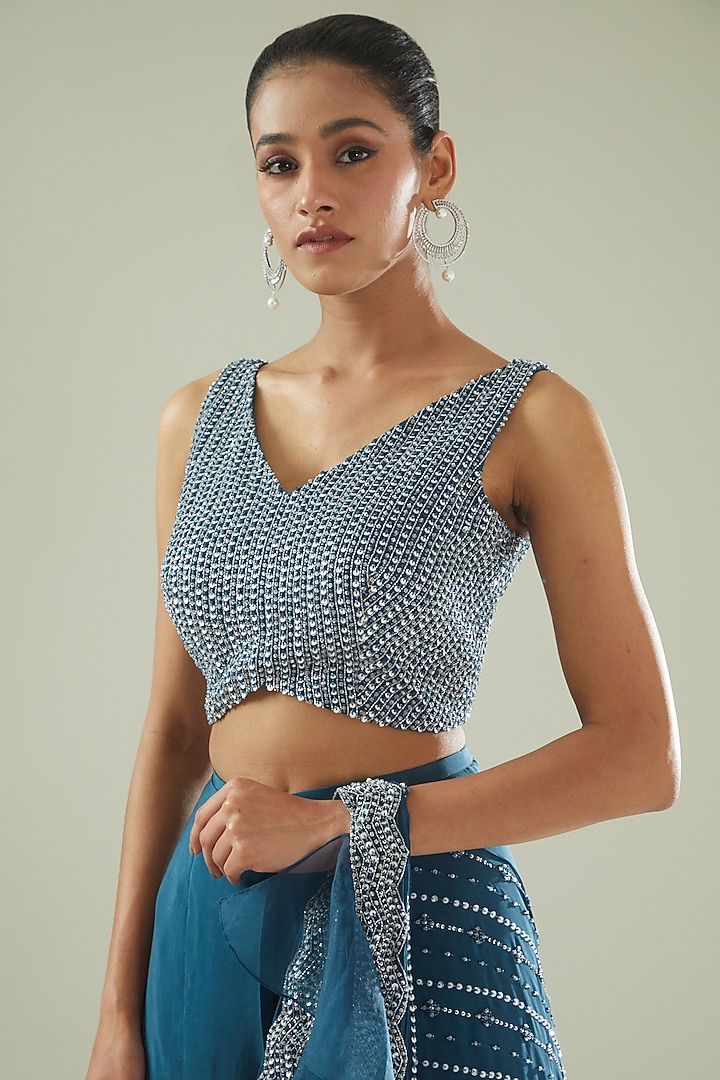 Teal Blue Crepe Hand Embroidered Draped Wedding Saree Set by Disha Patil at Pernia's Pop Up Shop