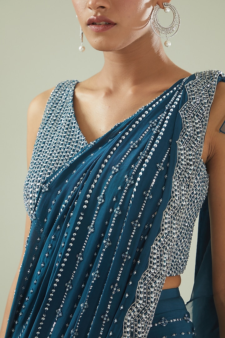 Teal Blue Crepe Hand Embroidered Draped Wedding Saree Set by Disha Patil at Pernia's Pop Up Shop
