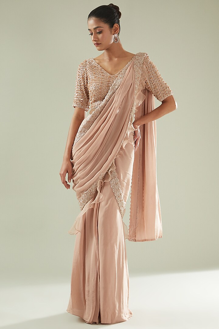 Pink Crepe Hand Embroidered Draped Skirt Saree Set by Disha Patil at Pernia's Pop Up Shop