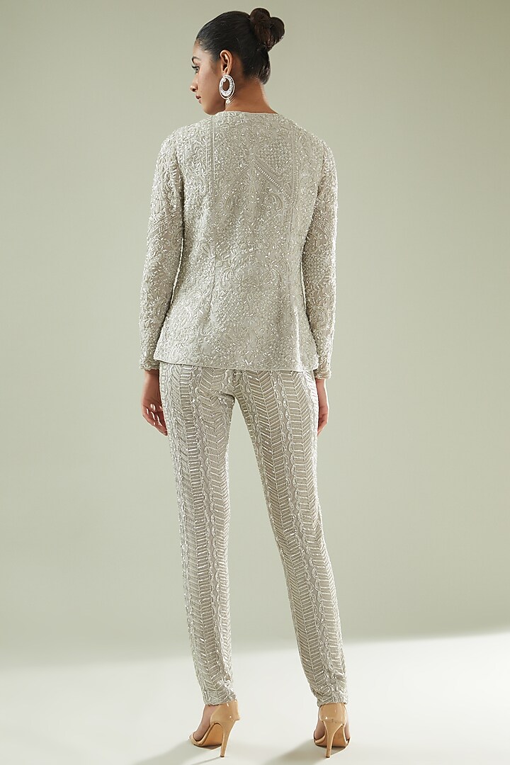 Grey Stretch Net Embellished Co-Ord Set by Disha Patil at Pernia's Pop Up Shop