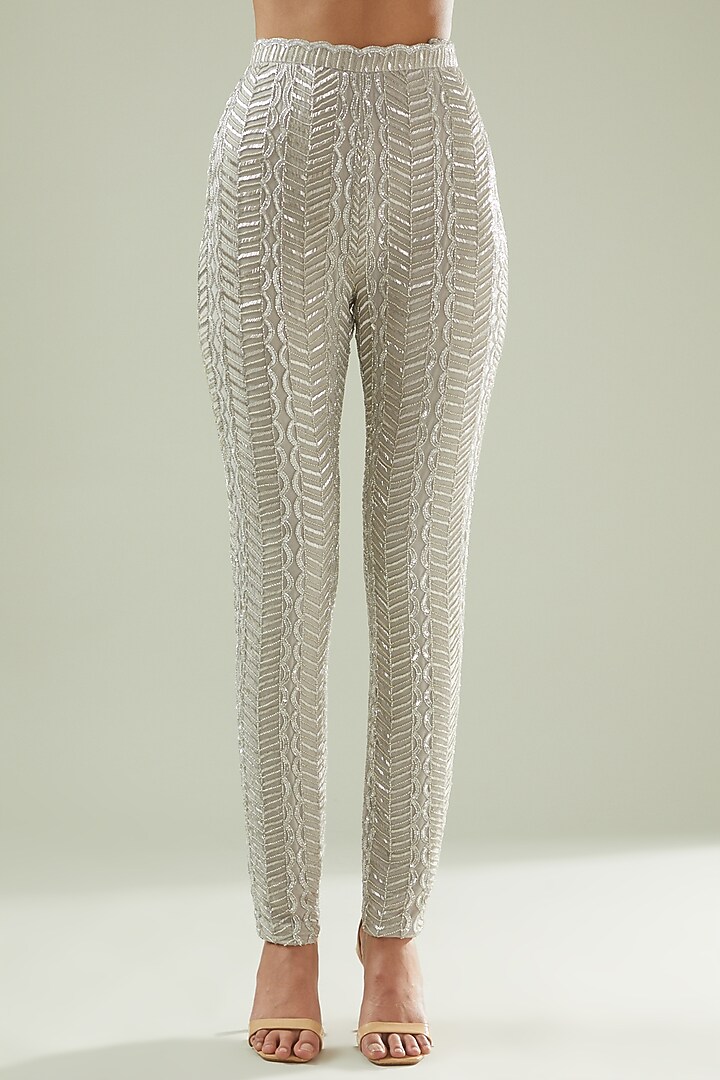 Grey Stretch Net Embellished Co-Ord Set by Disha Patil at Pernia's Pop Up Shop