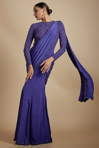 Pixie Powder Crepe Fish-Cut Draped Saree Set by Disha Patil