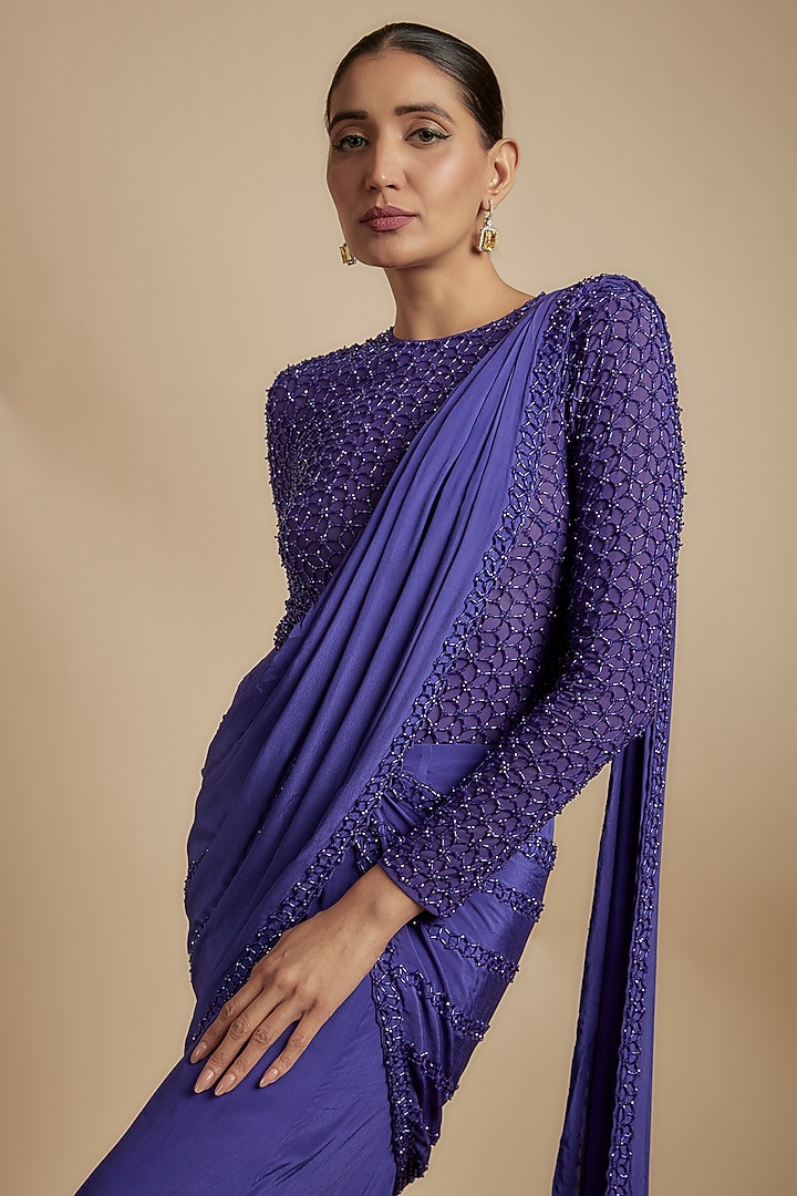 Pixie Powder Crepe Fish-Cut Draped Wedding Saree Set by Disha Patil at Pernia's Pop Up Shop