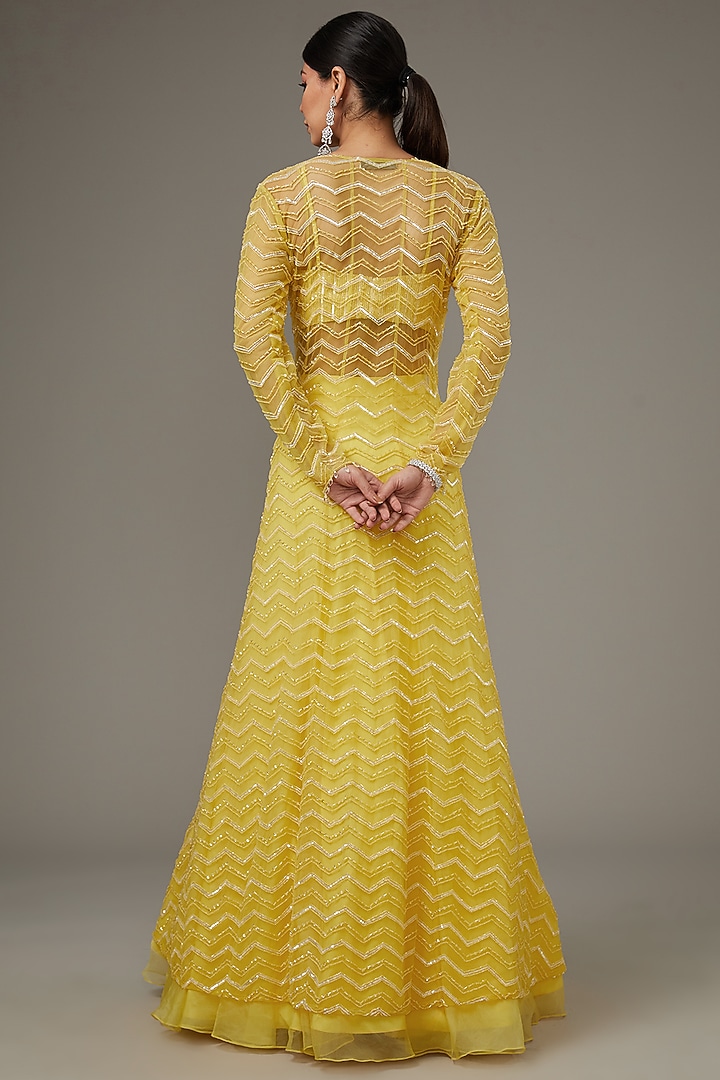Yellow Net Hand Embroidered Jacket Set by Disha Patil at Pernia's Pop Up Shop